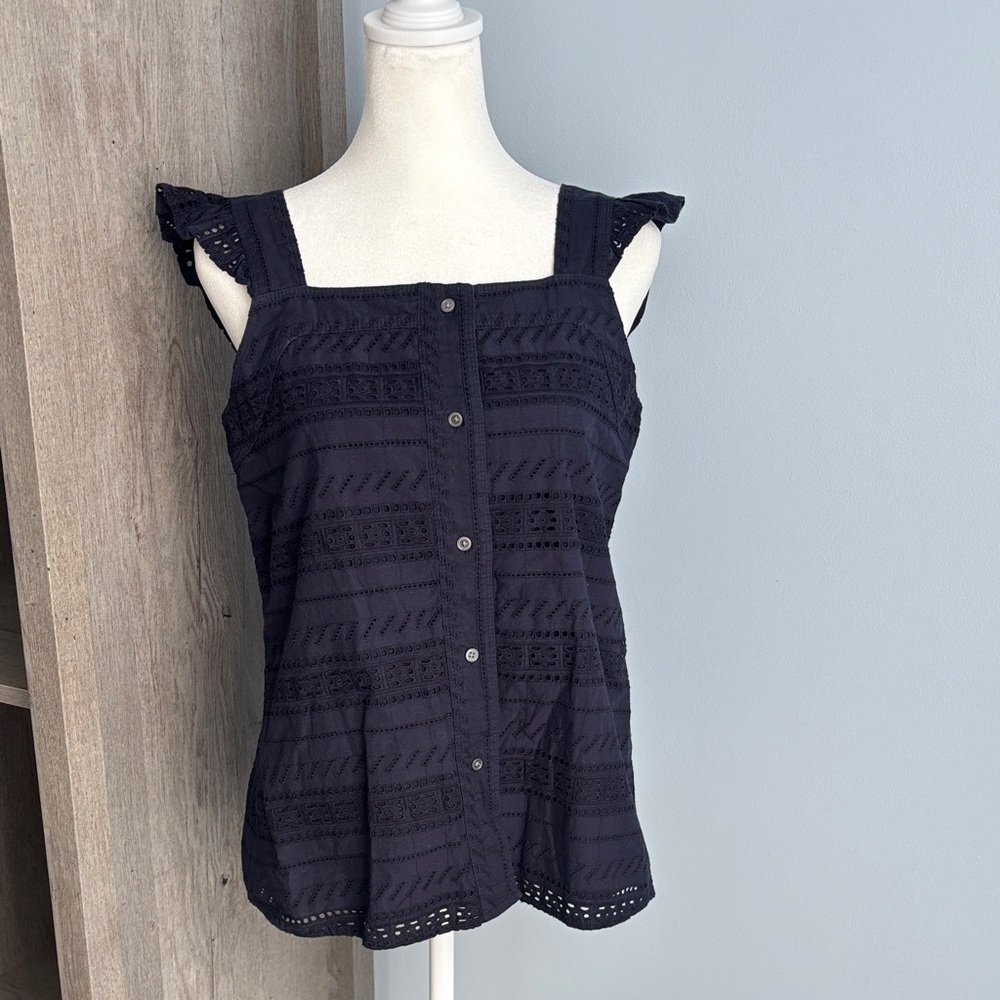 LOFT Navy Eyelet Button-Down Blouse